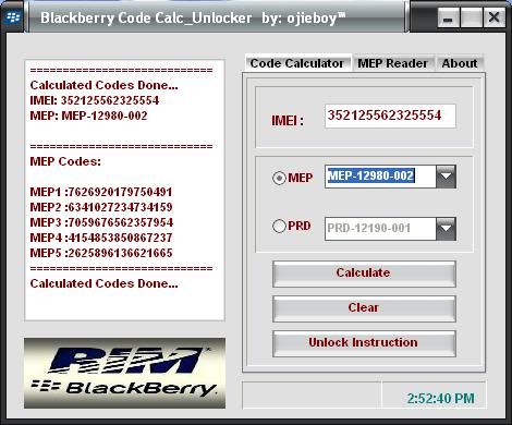 Blackberry Code Calc Unlocker with MEP reader