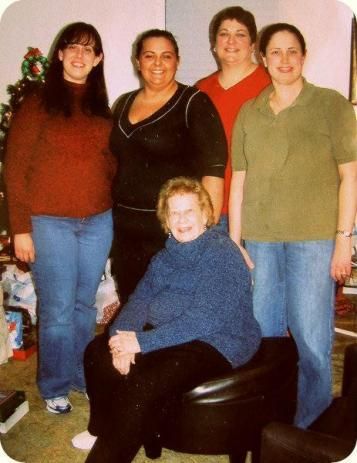 L-R: Caroline Gerner, Seneca Bulington, myself, Catherine Del Carlo. Center: GranGranddaughters (order of birth): myself, Cathy, Carol.Great granddaughter: Seneca.Christmas 2011 Gran's House photo 542578_551383981544248_114382263_n.jpg