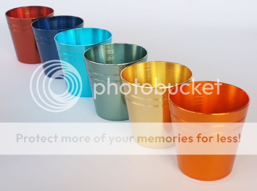 Vintage Retro 50s Harlequin Anodised Cups Peacock Set x 6 Red Case